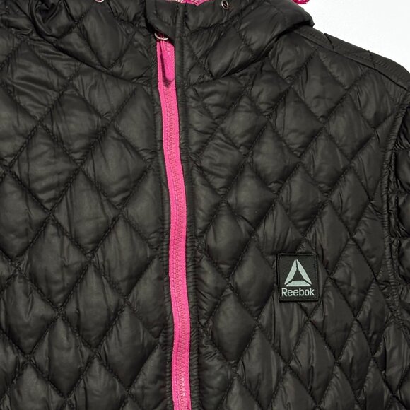 Reebok Women XL Quilted Hooded Jacket Black & Pink Full Zip Pockets Lightweight - Picture 2 of 11